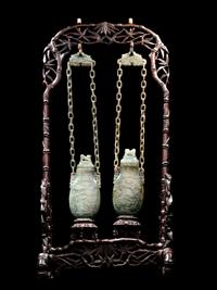 A Pair of Chinese Spinach Jade Covered Vases