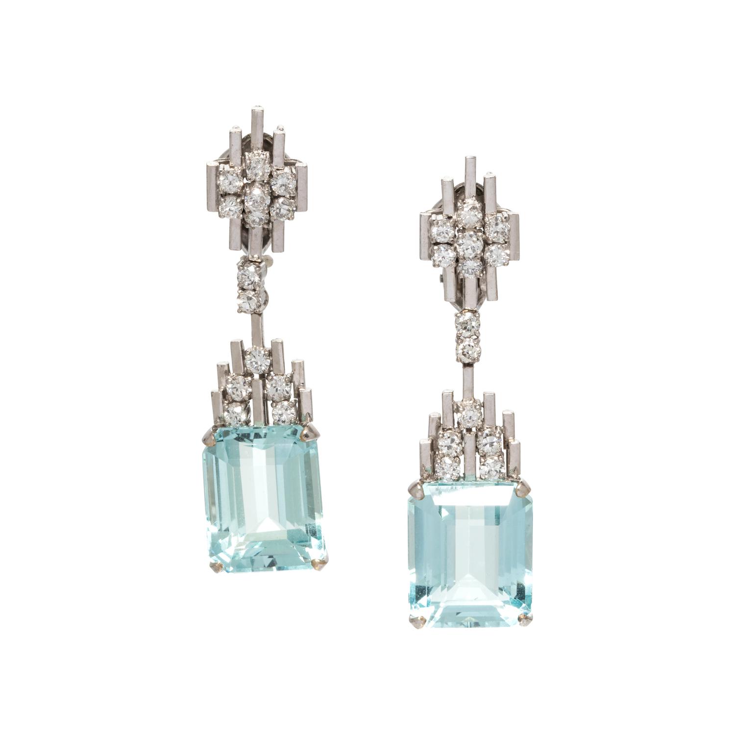 AQUAMARINE AND DIAMOND EARCLIPS