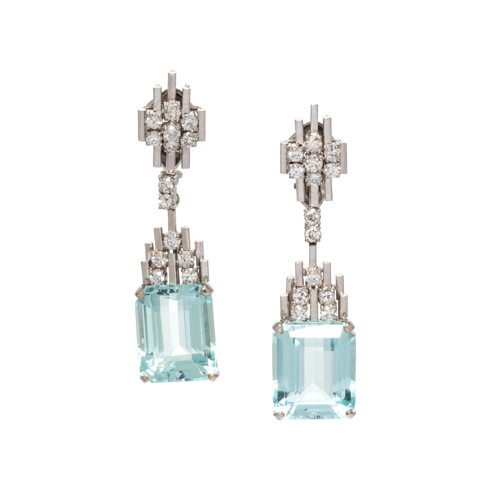 AQUAMARINE AND DIAMOND EARCLIPS