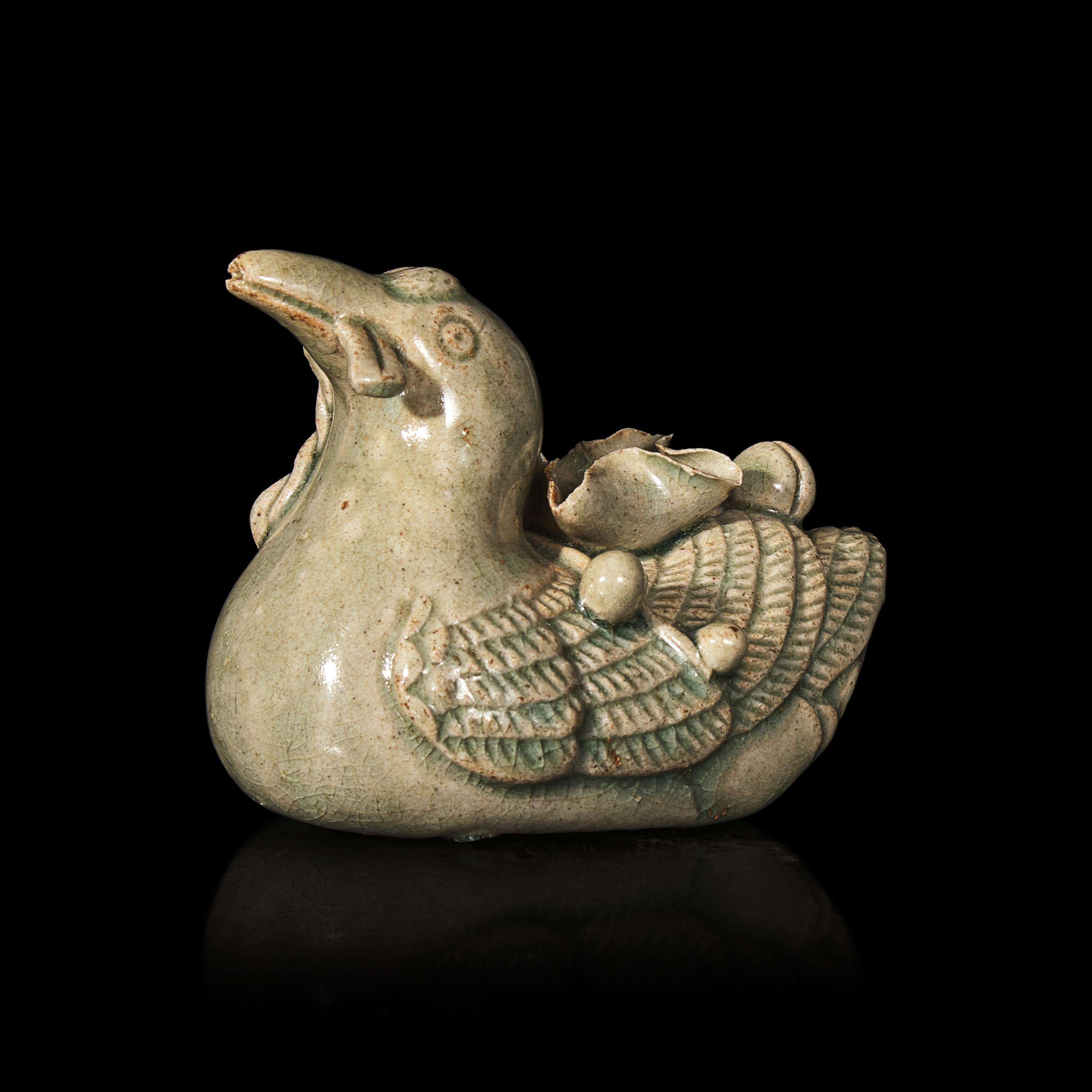 A Korean Celadon Glazed Porcelain Duck-Form Water Dropper 青釉鴨形硯滴