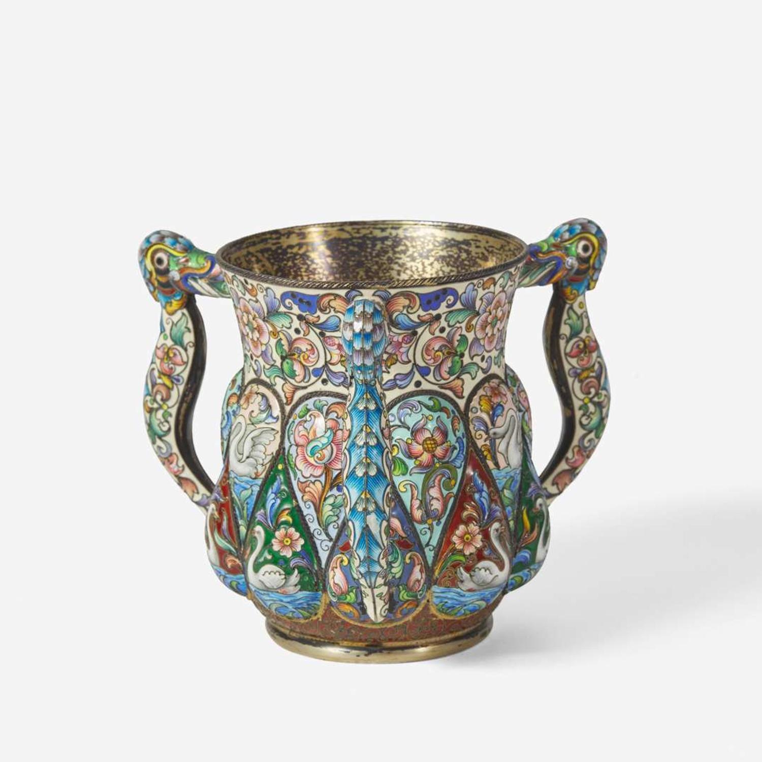 A Russian silver-gilt and shaded enamel three-handled cup Partially obscured hallmarks likely for Feodor Rückert, Moscow, 1896-1908