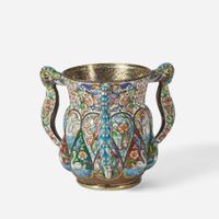 A Russian silver-gilt and shaded enamel three-handled cup Partially obscured hallmarks likely for Feodor Rückert, Moscow, 1896-1908