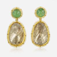 A Pair of 18K Yellow Gold, Polki Diamond, Pearl, and Emerald Earrings