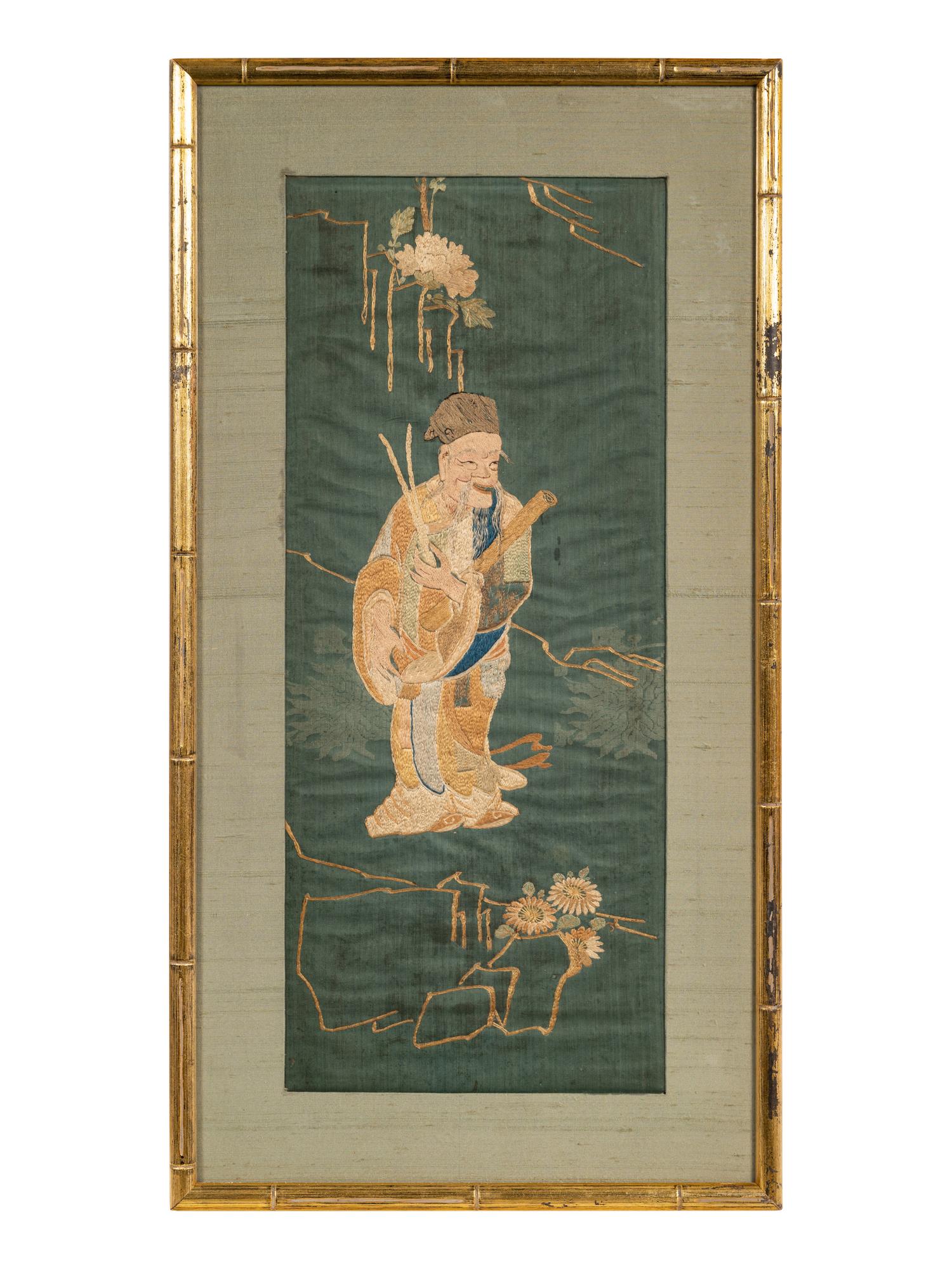 Two Chinese Blue Ground Embroidered Silk Panels