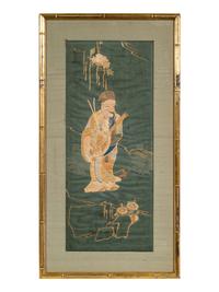 Two Chinese Blue Ground Embroidered Silk Panels