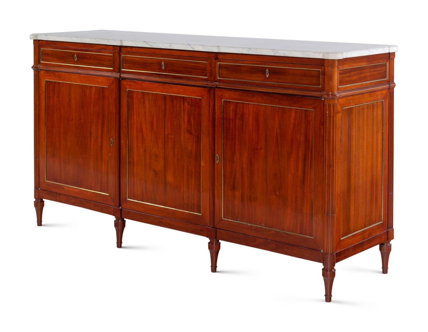 A Louis Philippe Brass Inlaid Mahogany Marble-Top Serving Cabinet