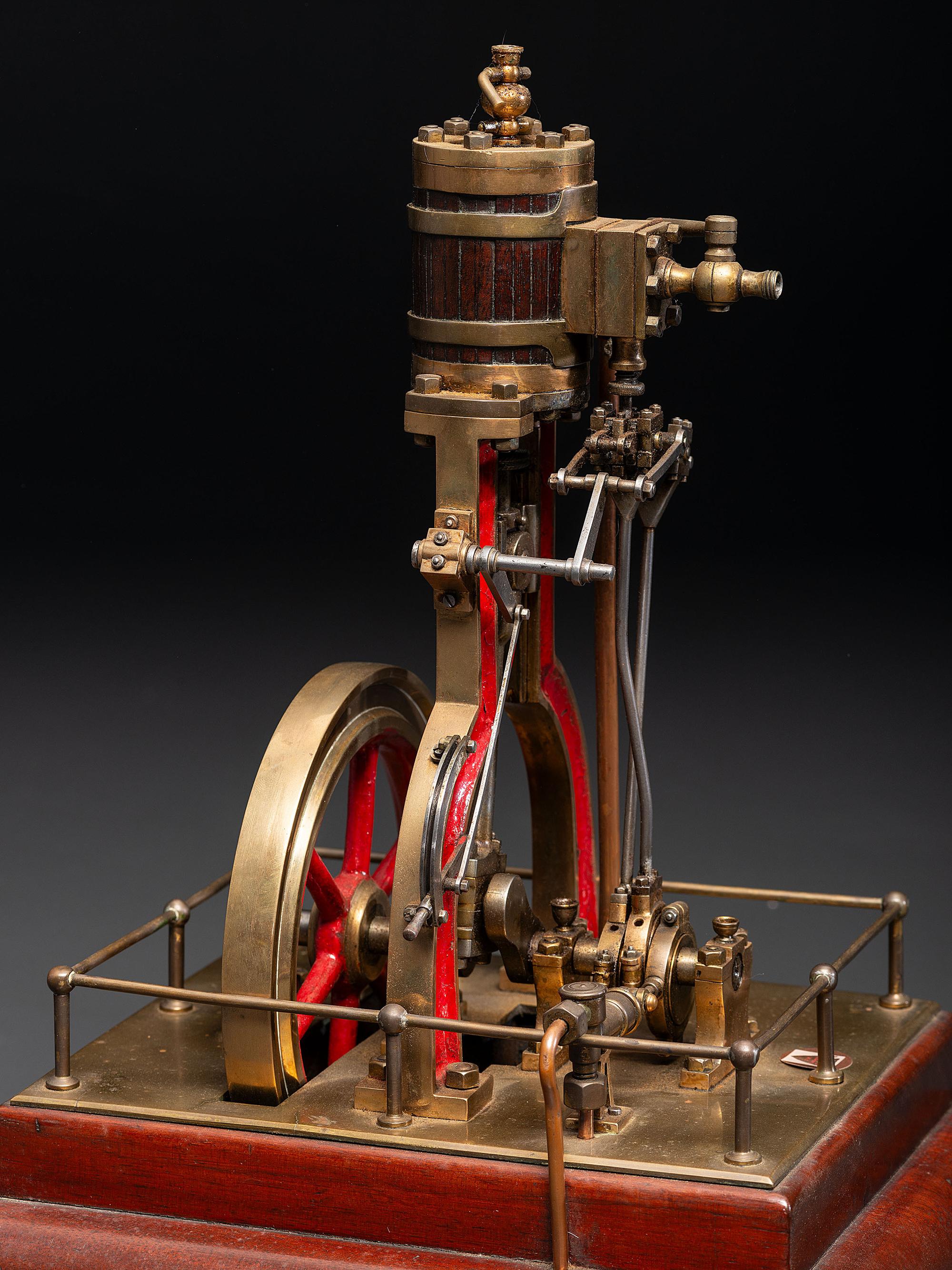 A Brass and Wood Vertical Steam Engine Model