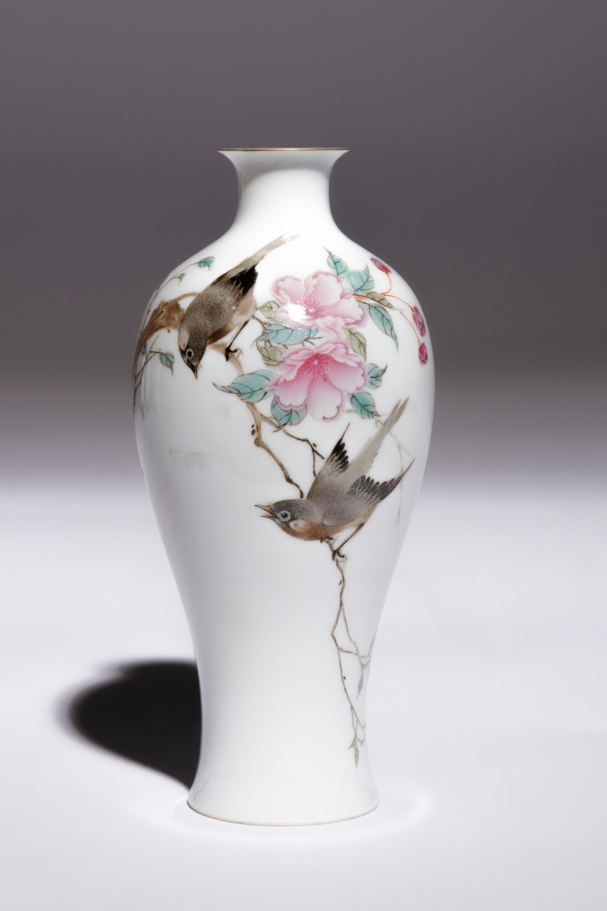 Five Famille Rose Eggshell Porcelain 'Birds' Vases