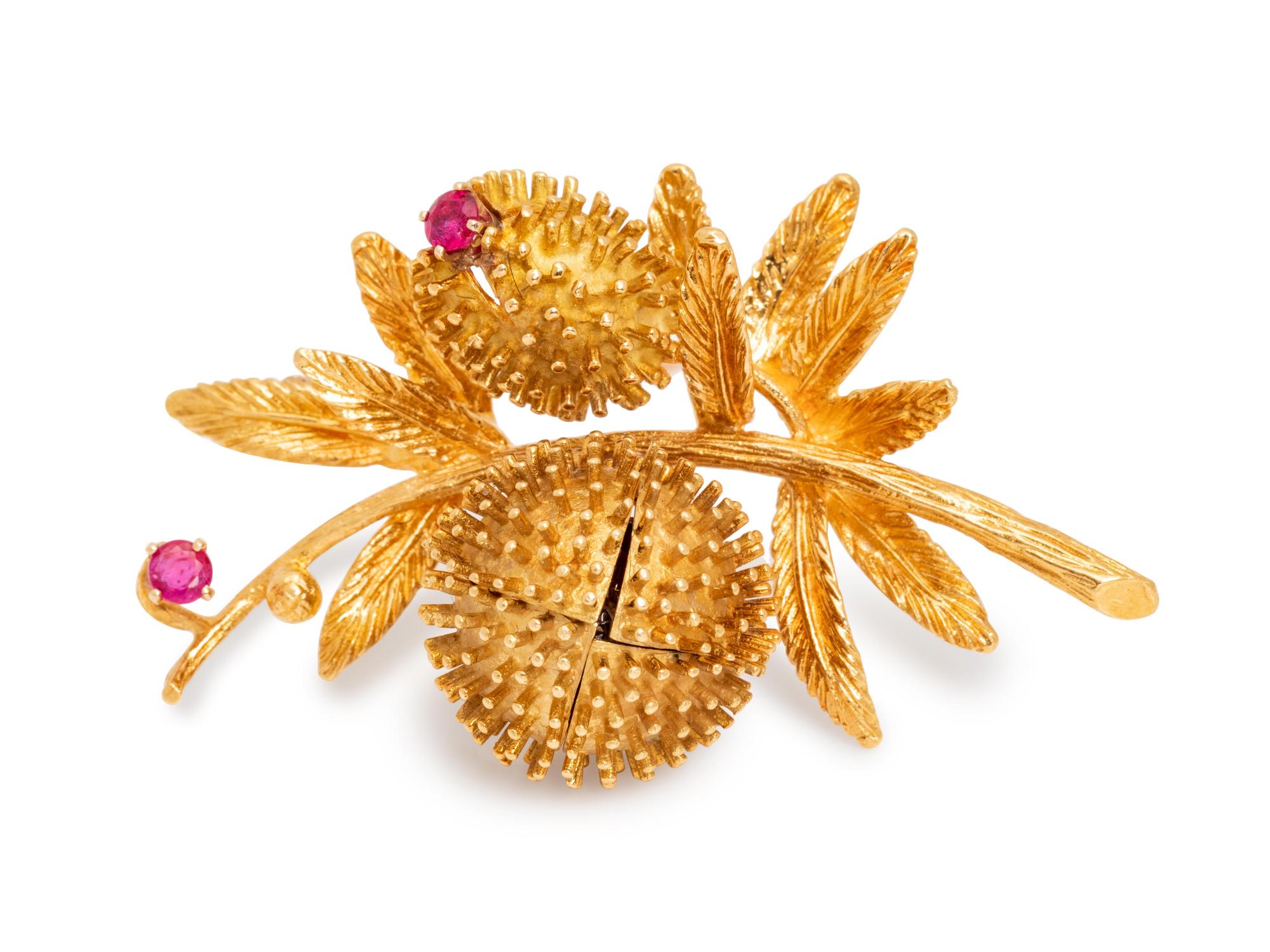 An 18 Karat Yellow Gold, Ruby and Diamond Articulated Floral Brooch,