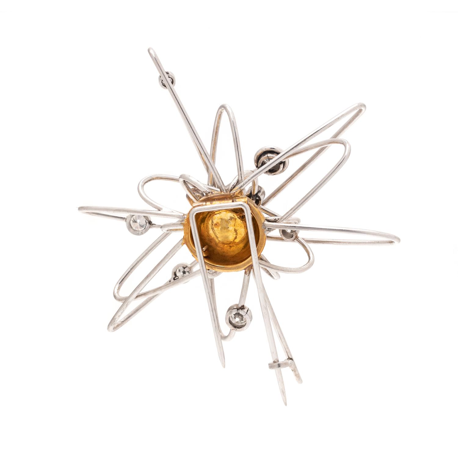 MODERNIST, BICOLOR GOLD, DIAMOND AND EMERALD SOLAR SYSTEM BROOCH