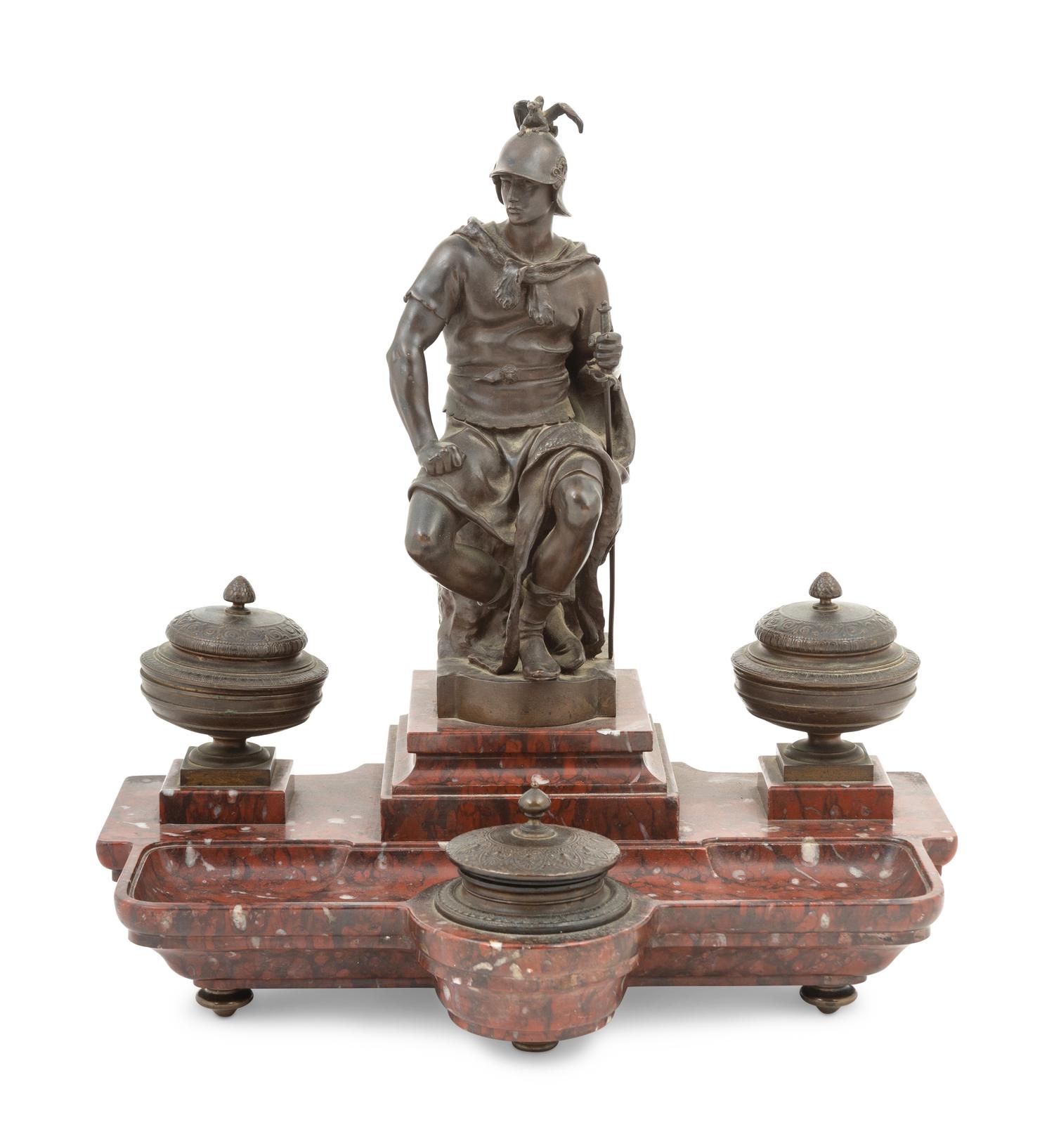 A French Bronze and Marble Figural Inkwell