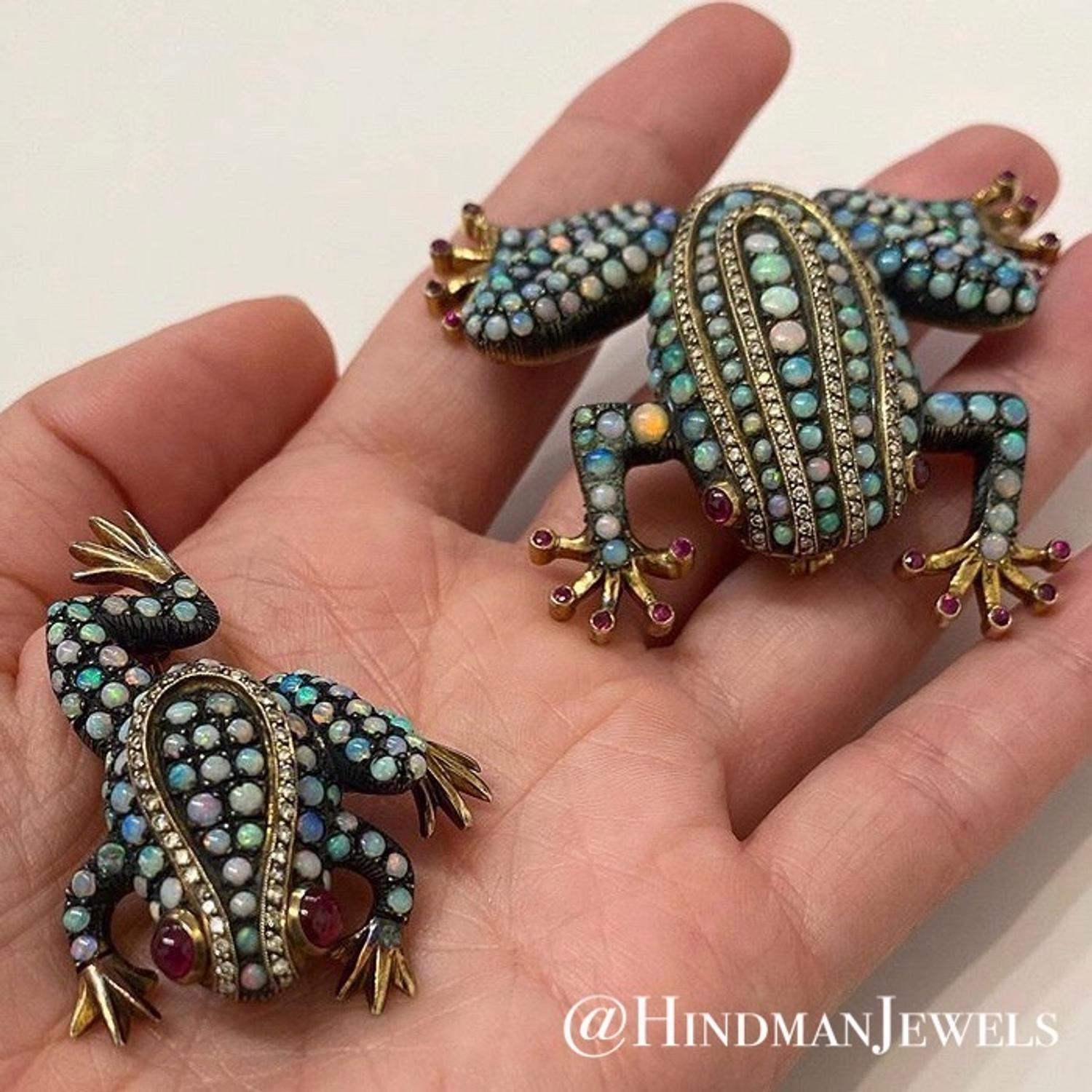 COLLECTION OF OPAL, DIAMOND AND RUBY FROG BROOCHES