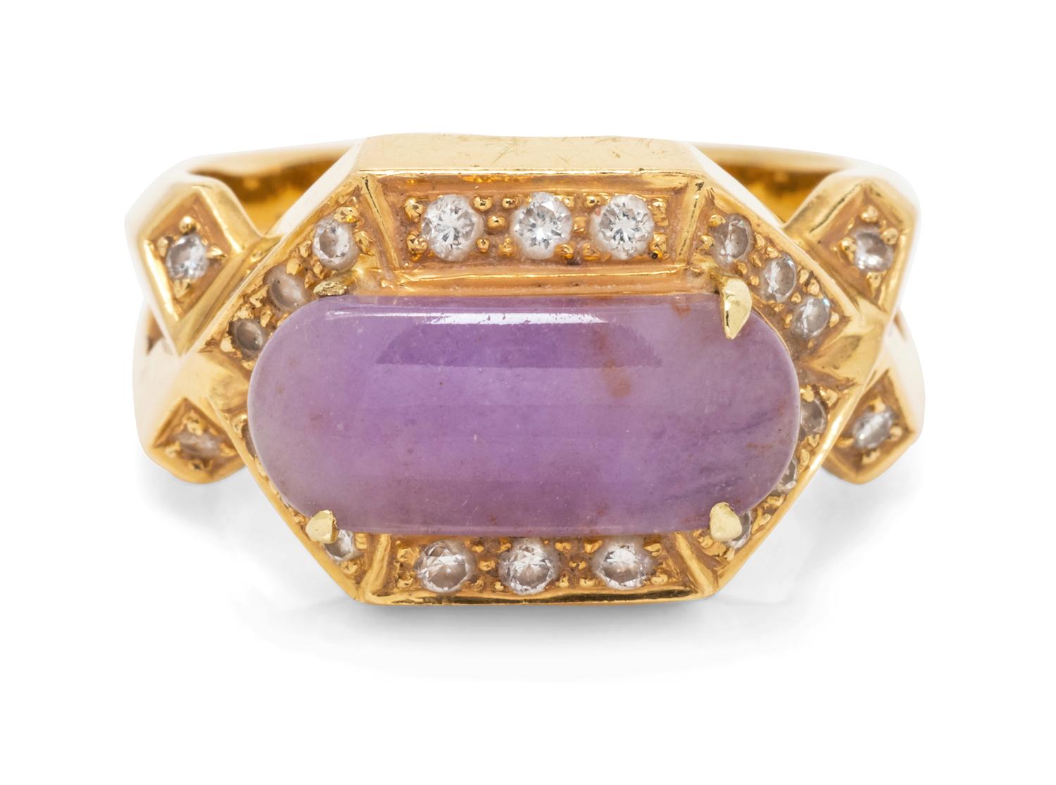 An 18 Karat Yellow Gold, Purple Jade and Diamond Ring,