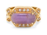 An 18 Karat Yellow Gold, Purple Jade and Diamond Ring,