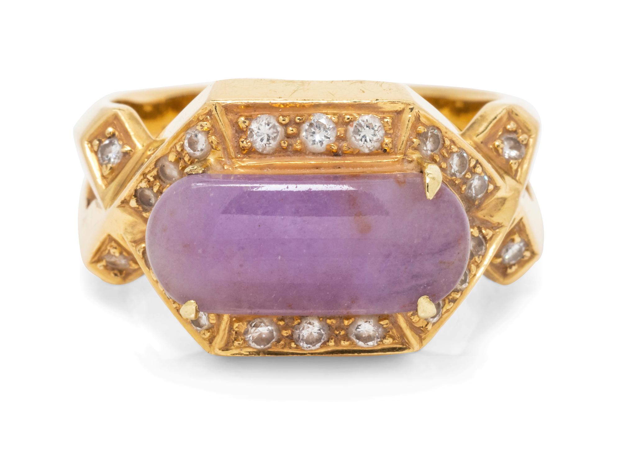 An 18 Karat Yellow Gold, Purple Jade and Diamond Ring,