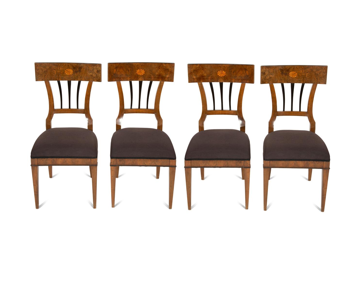 A Set of Four Biedermeier Fruitwood Inlaid Walnut Dining Chairs