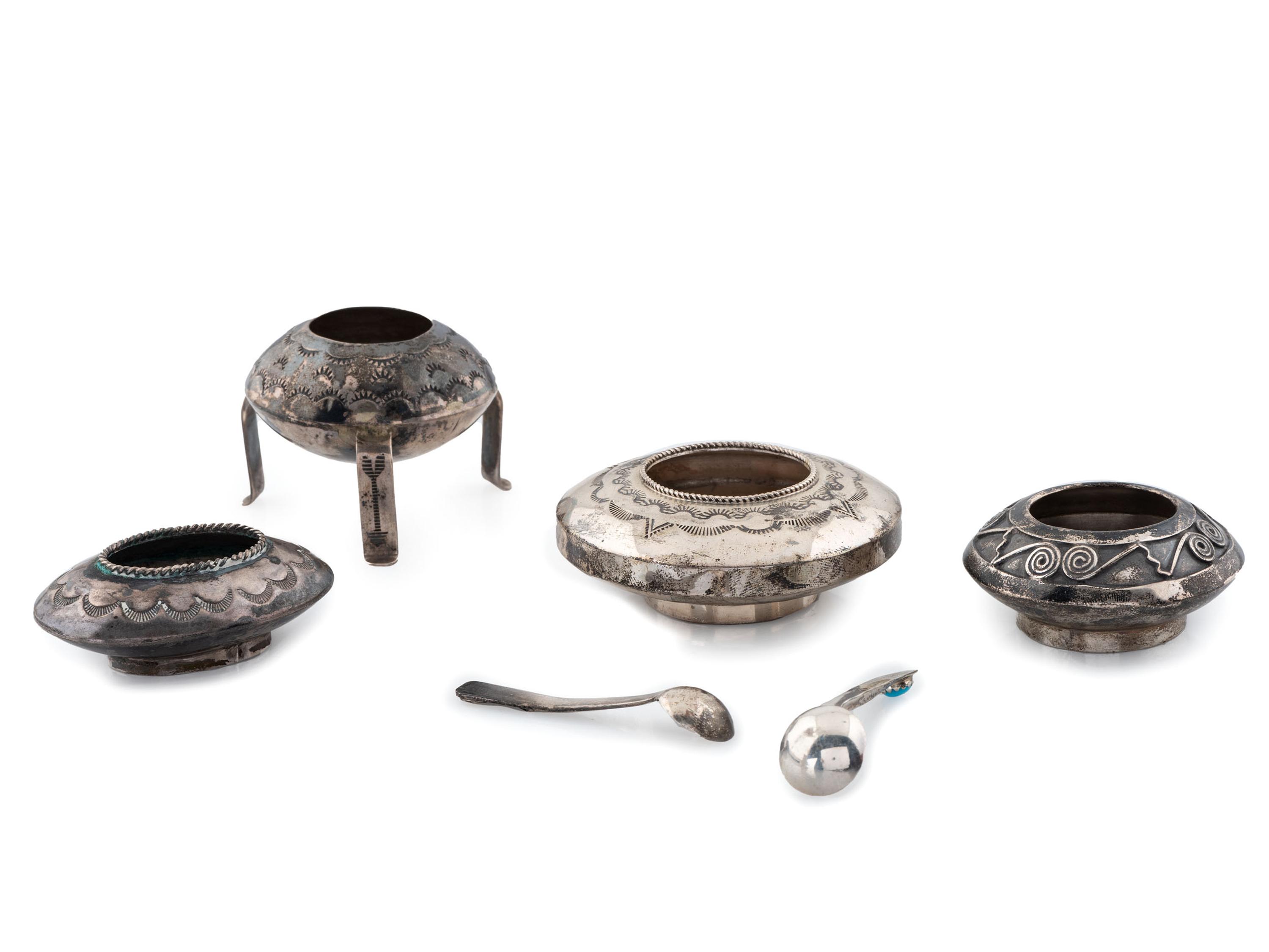 Navajo Stamped Silver Salt Jars AND Spoons