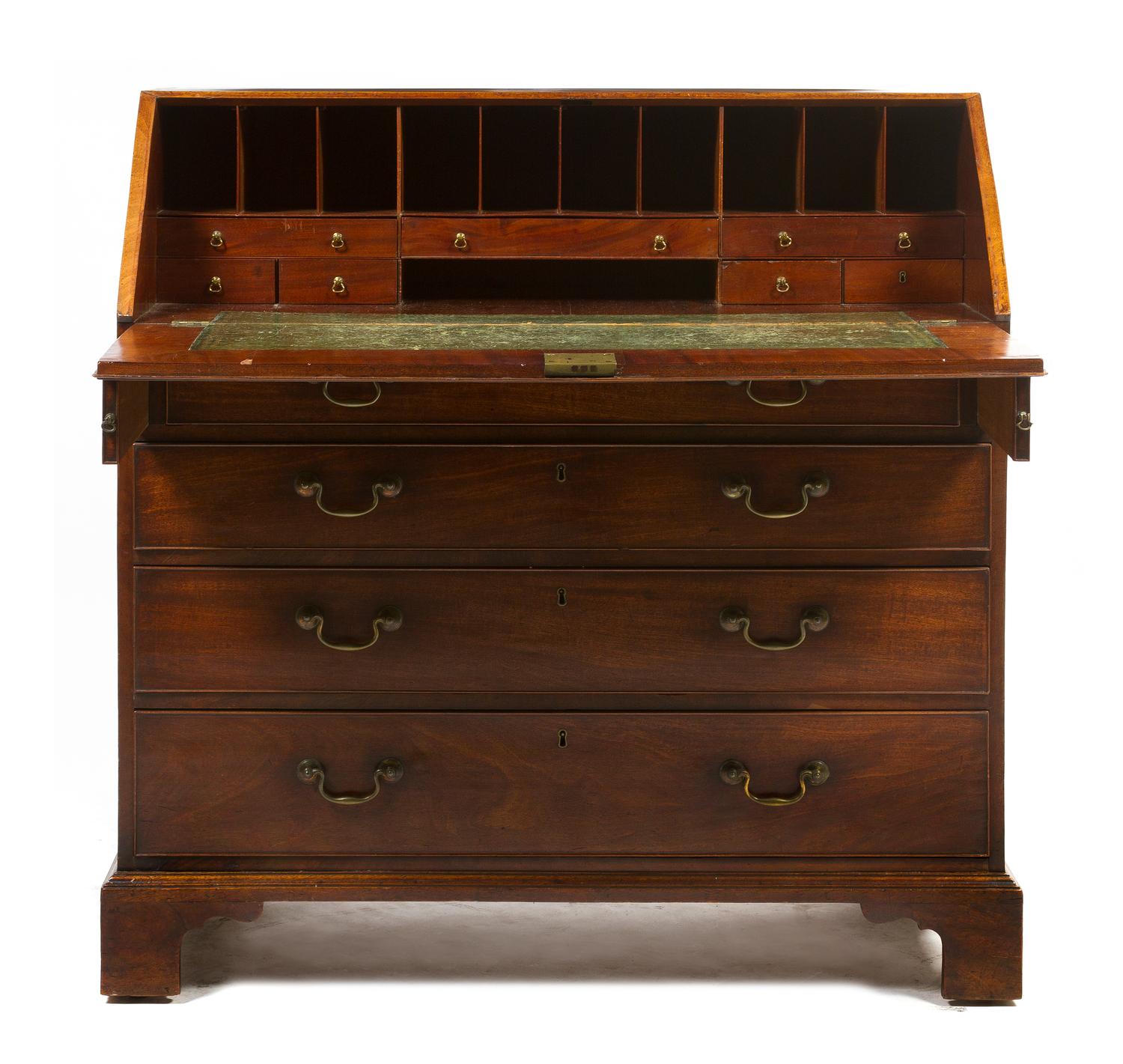 A George III Style Mahogany Slant Front Bureau, Height 42 1/2 x width 43 x depth 21 1/4 inches.