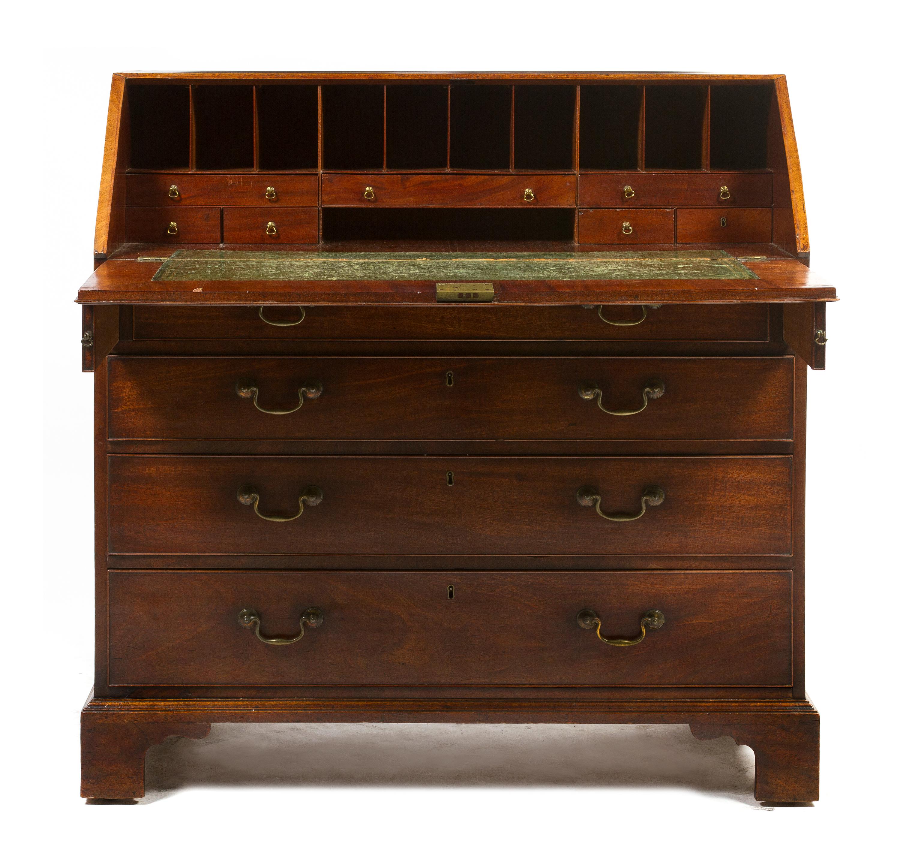 A George III Style Mahogany Slant Front Bureau, Height 42 1/2 x width 43 x depth 21 1/4 inches.
