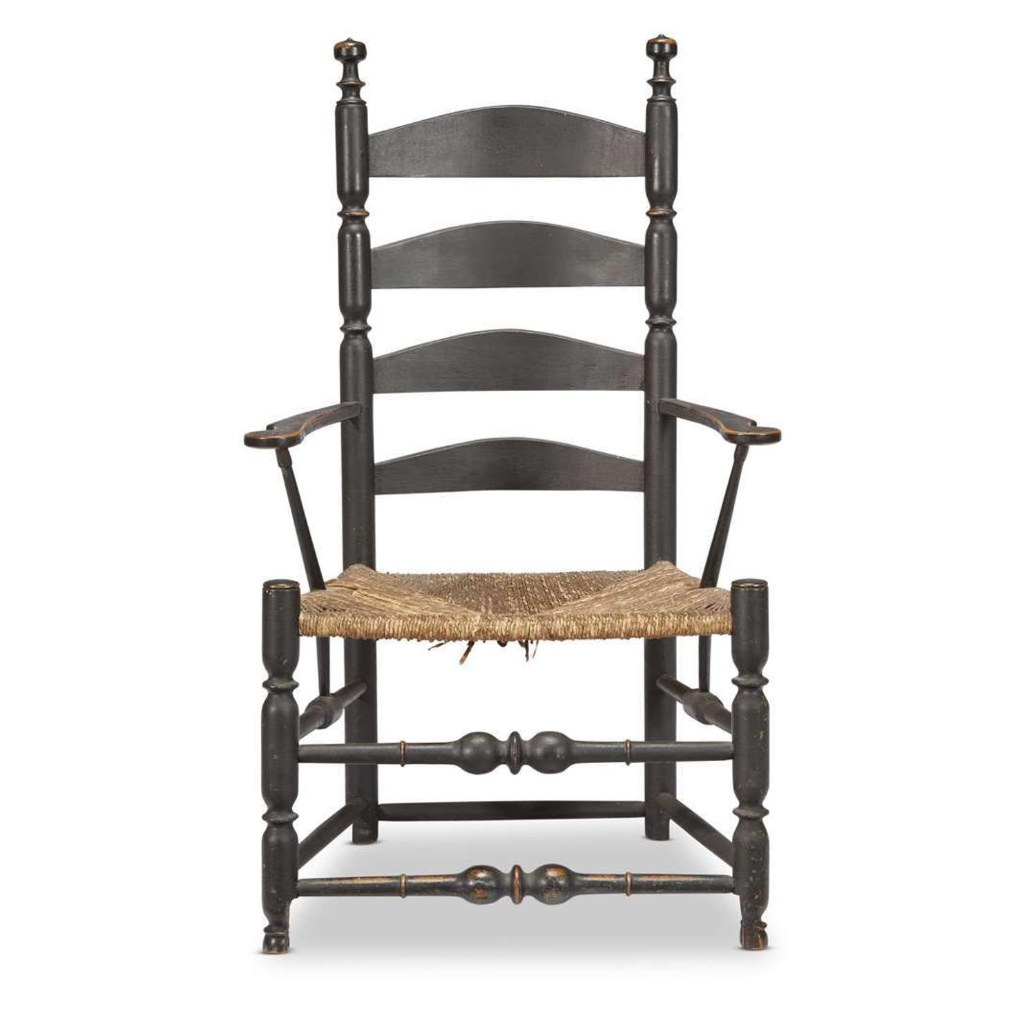 Black-painted slat-back rush seat armchair probably Connecticut, 18th century