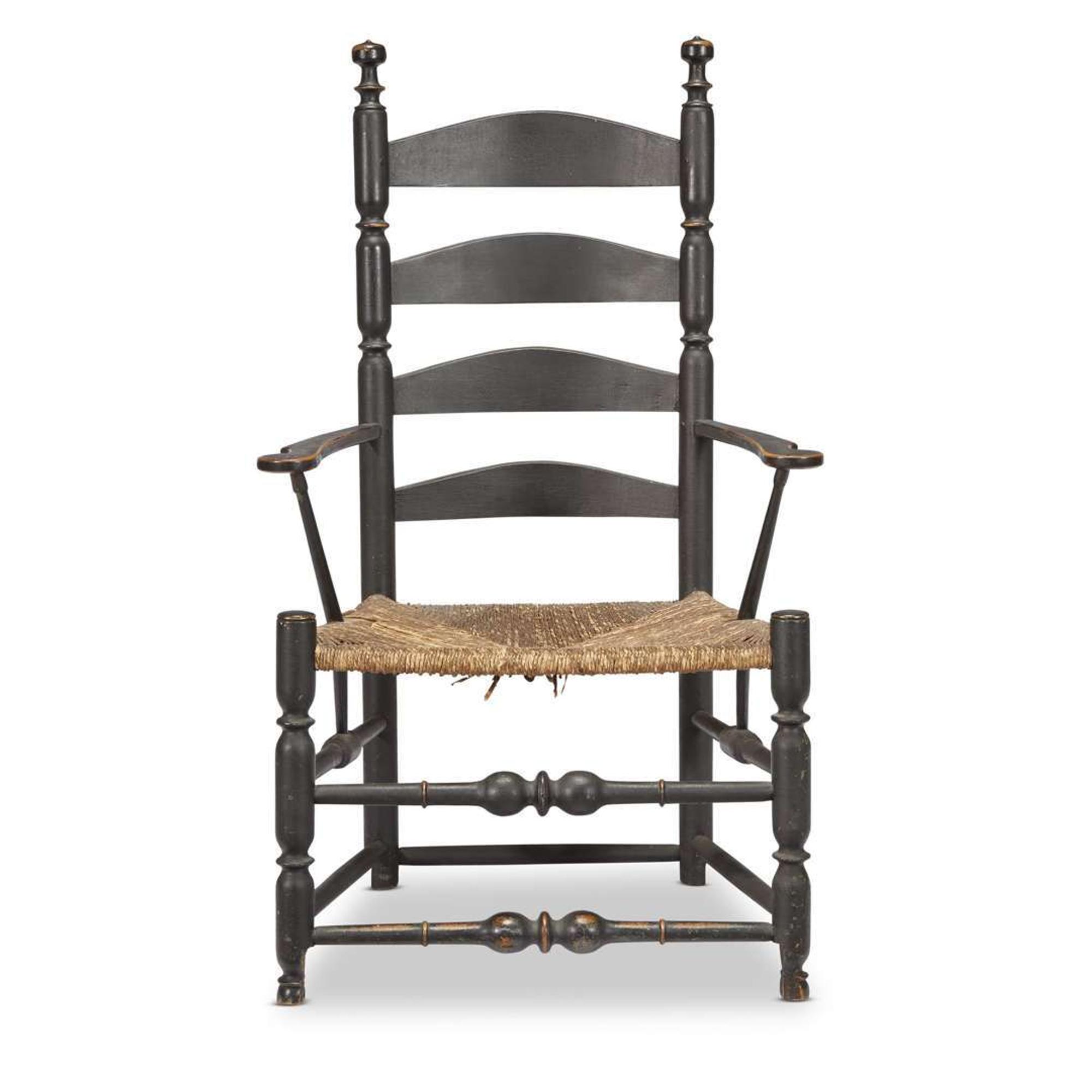 Black-painted slat-back rush seat armchair probably Connecticut, 18th century