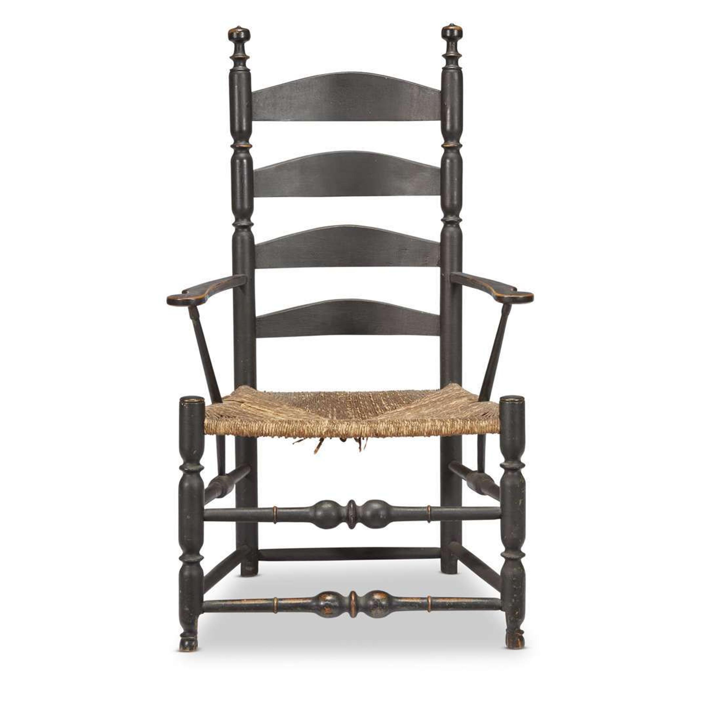 Black-painted slat-back rush seat armchair probably Connecticut, 18th century