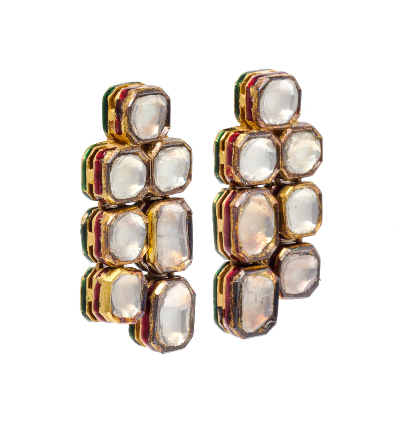 A Pair of Yellow Gold, Diamond and Polychrome Enamel Earrings, Rajasthan, Mid 20th Century, 10.70 dwts.