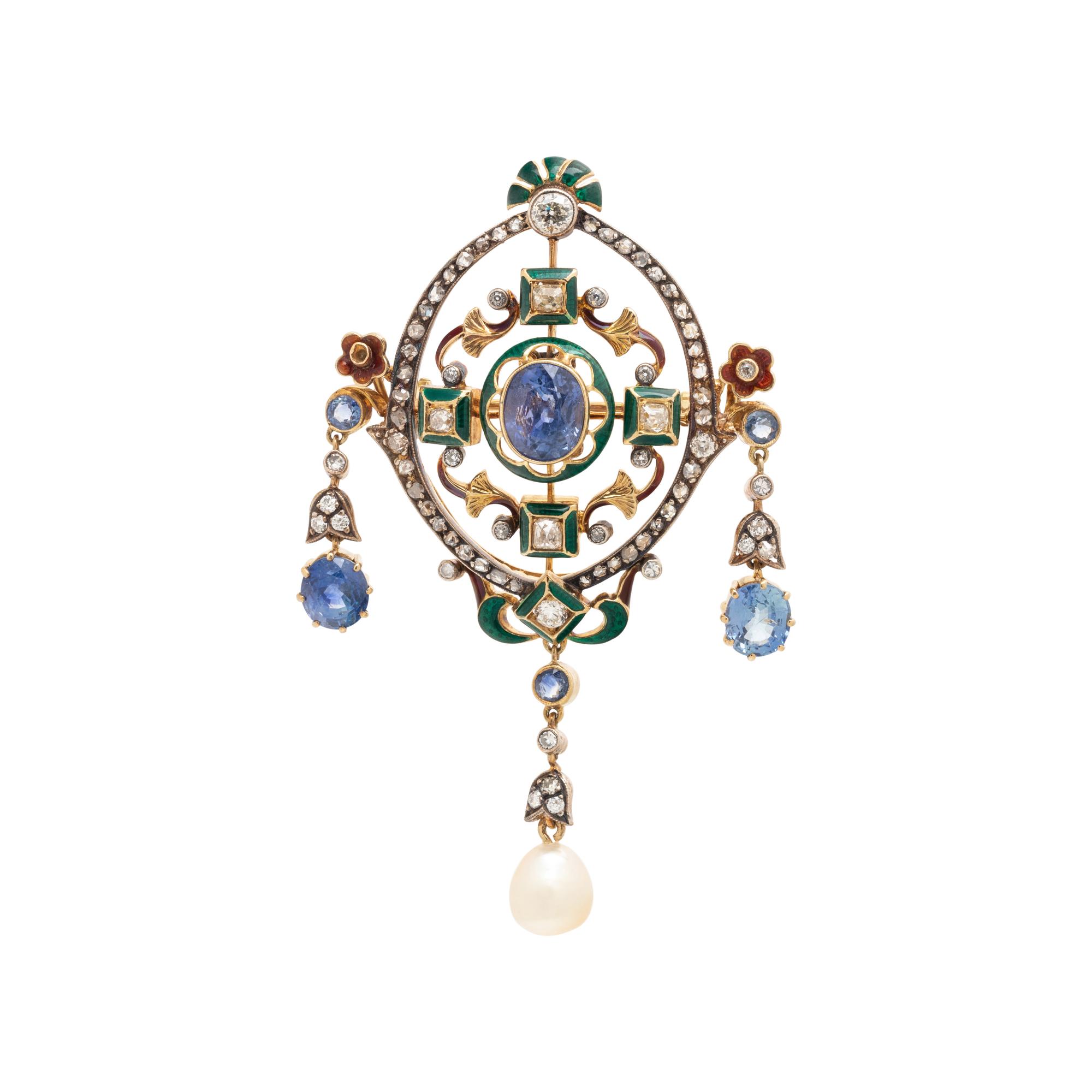 EVELYN CLOTHIER, CONVERTIBLE SAPPHIRE, DIAMOND AND POLYCHROME ENAMEL NECKLACE