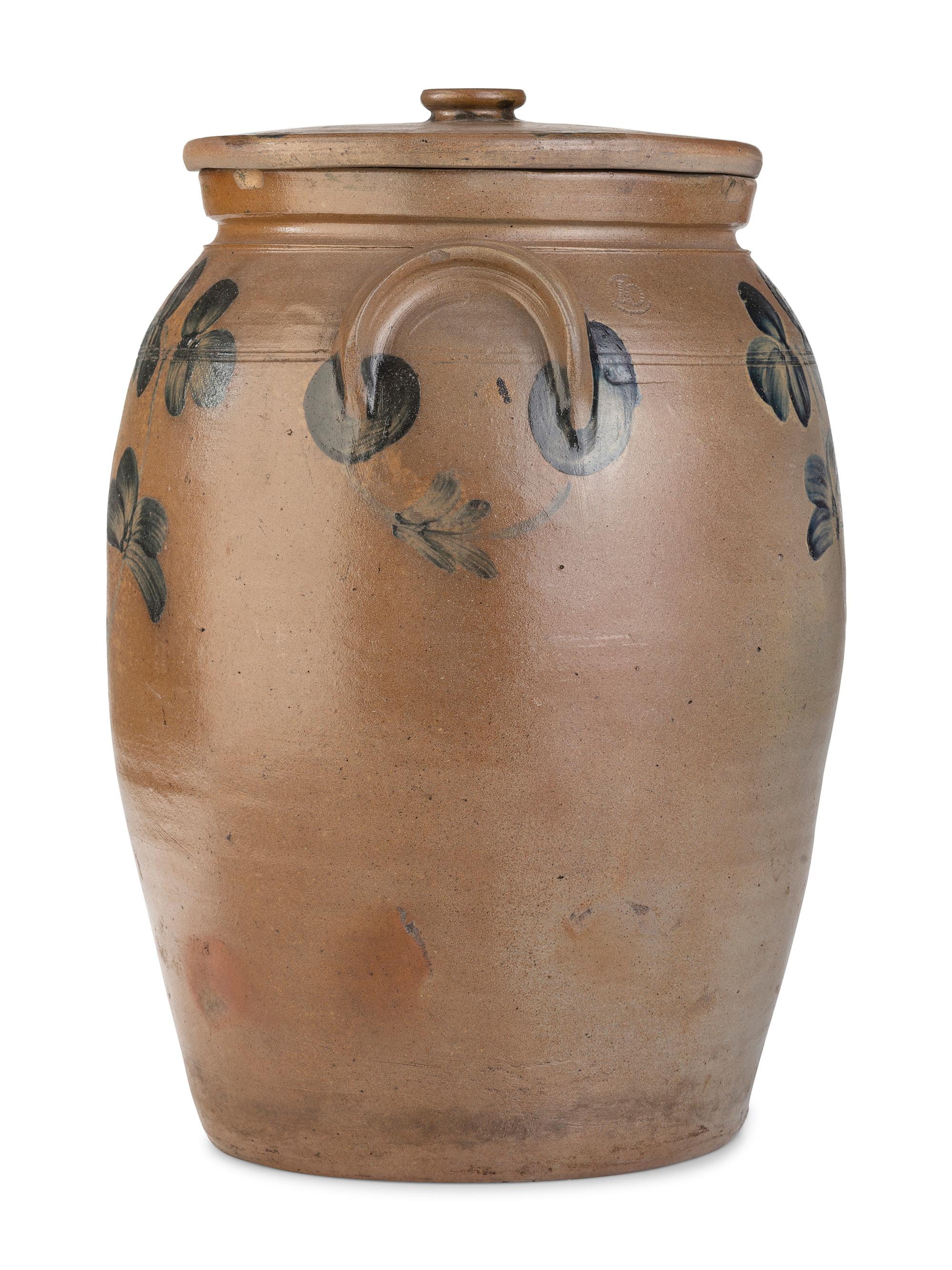 A Peter Hermann Cobalt Decorated Lidded Six-Gallon Crock