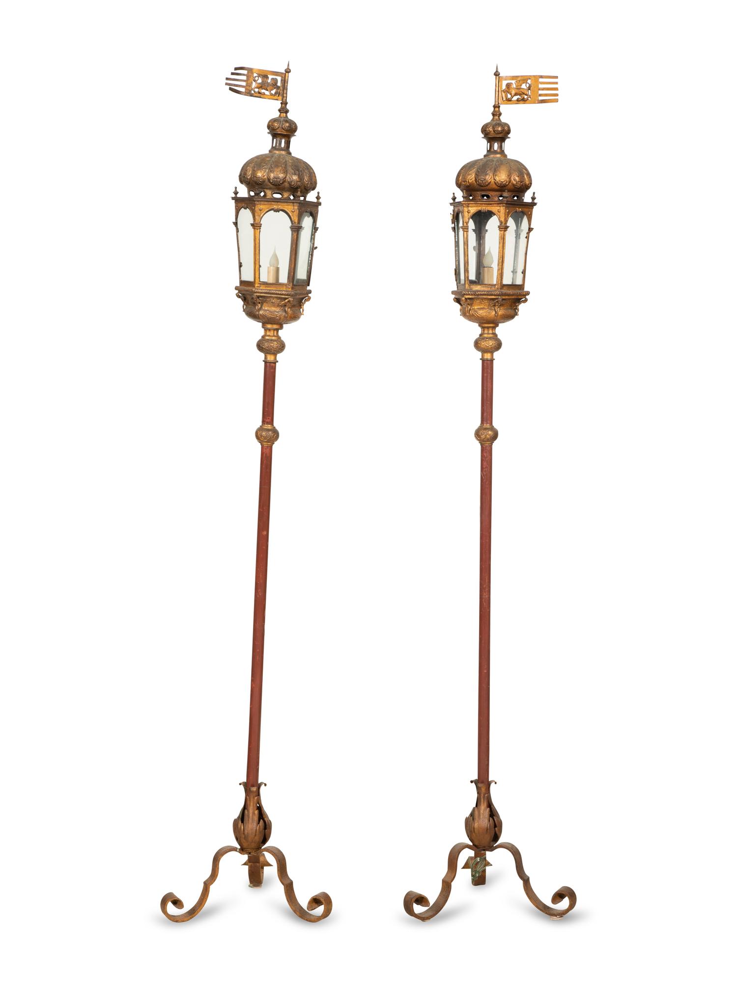 A Pair of Italian Painted and Parcel Gilt Tole Gondola Style Lanterns