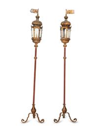 A Pair of Italian Painted and Parcel Gilt Tole Gondola Style Lanterns