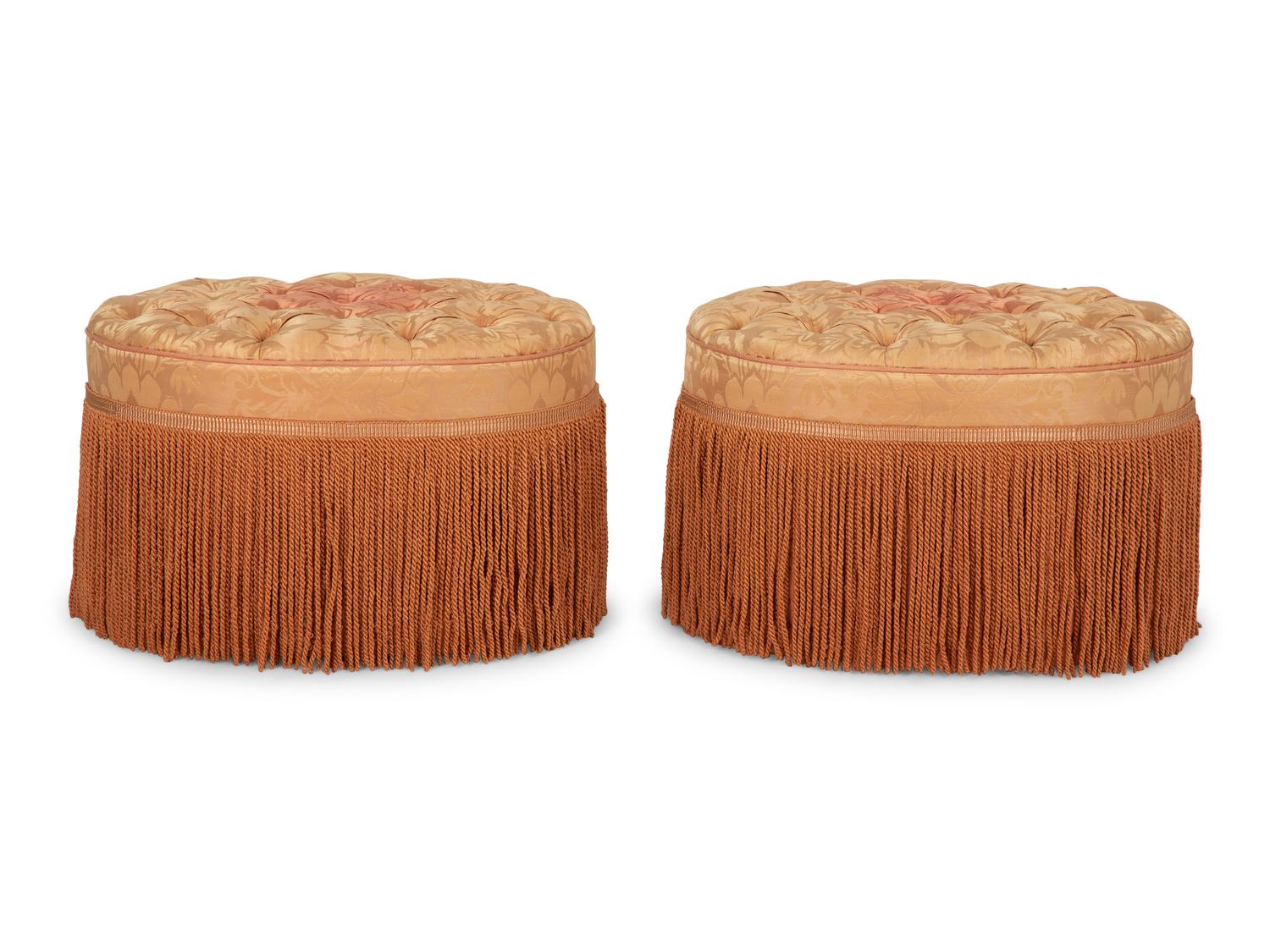A Pair of Button-Tufted Damask Upholstered Ottomans