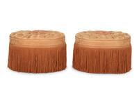 A Pair of Button-Tufted Damask Upholstered Ottomans