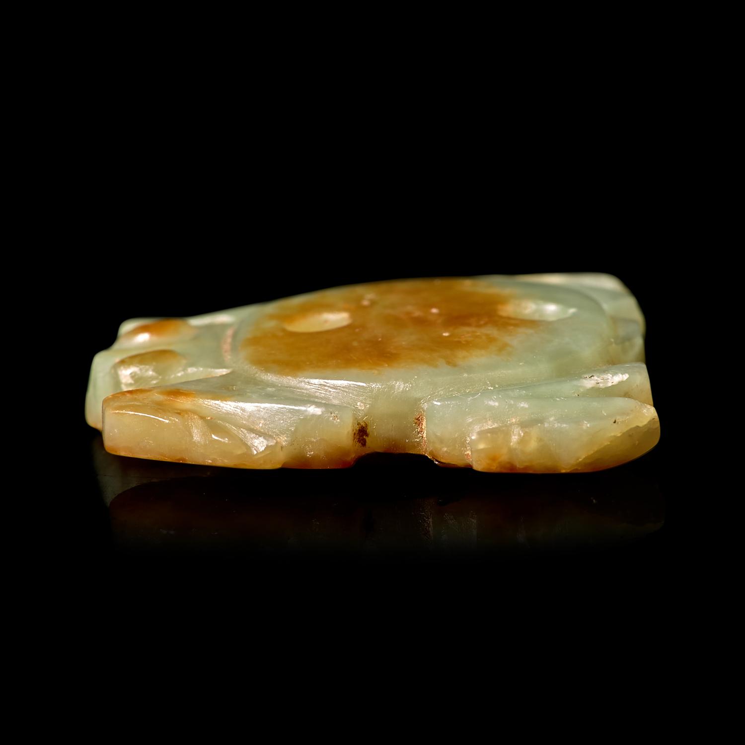 A Small Chinese Hongshan Style Celadon and Russet Jade Turtle Amulet 紅山風格 青玉龜