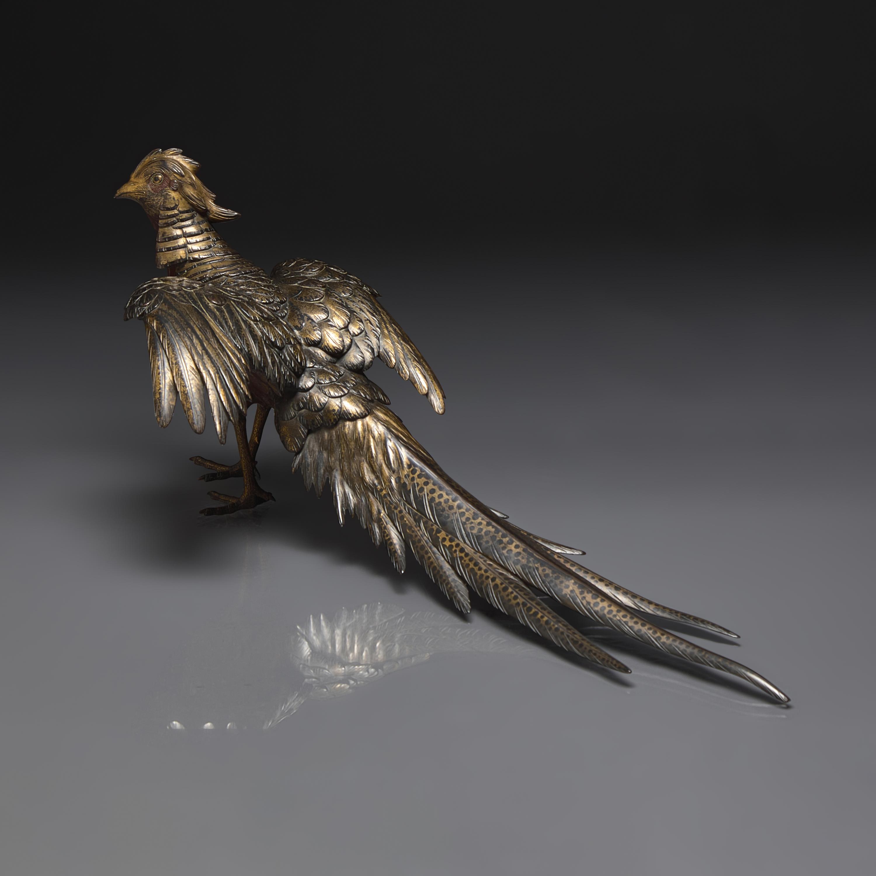 A Japanese Parcel-Gilt and Patinated Bronze Figure of a Pheasant, Masatsune, Meiji Period — 日本明治時期 ”政常鑄“銅雉鷄