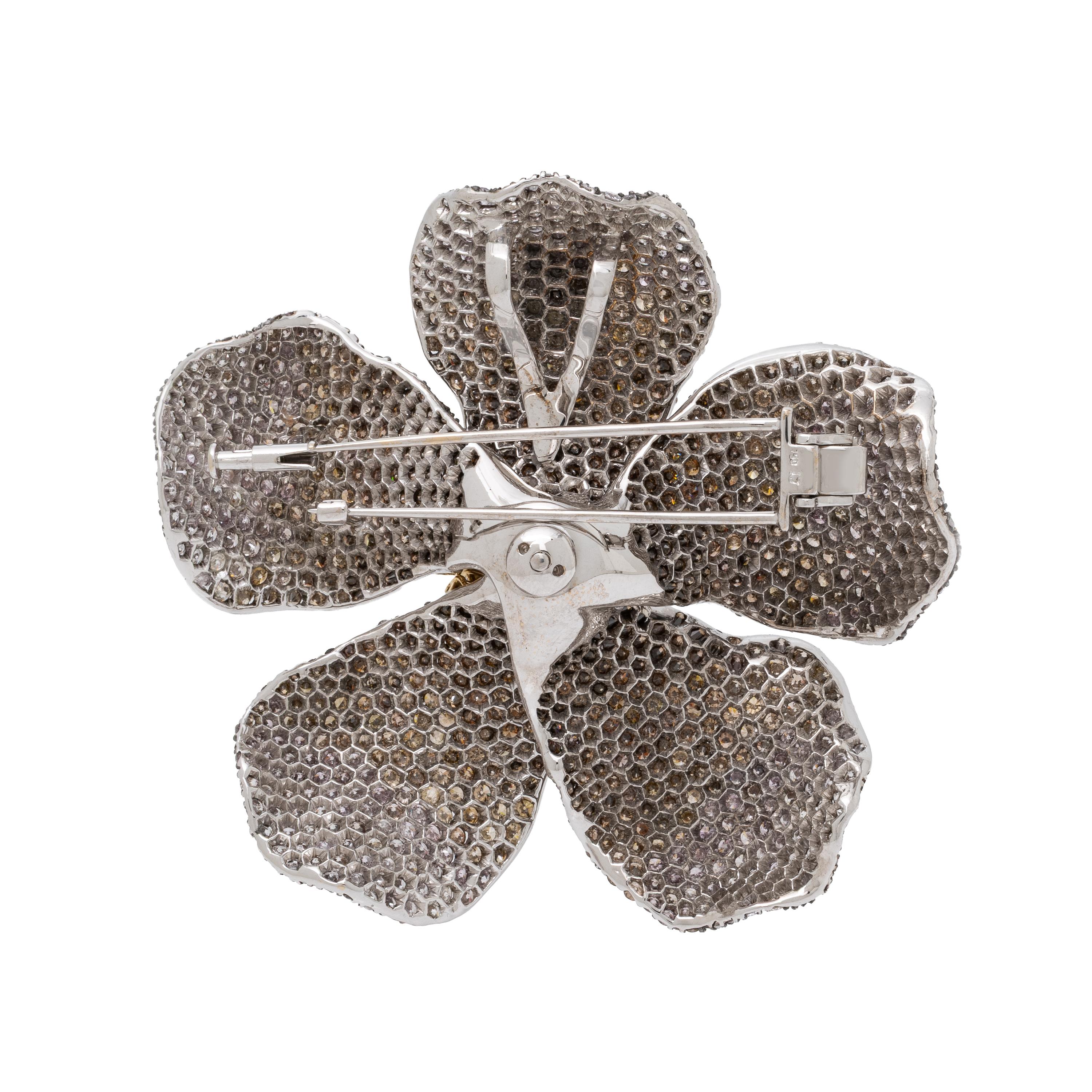 Colored Diamond, Diamond, and Tricolor Gold Flower Pendant Brooch