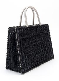 A Salvatore Ferragamo Black Leather Basket Weave Tote, 11" x 8" x 4.5"; Handle drop: 4".