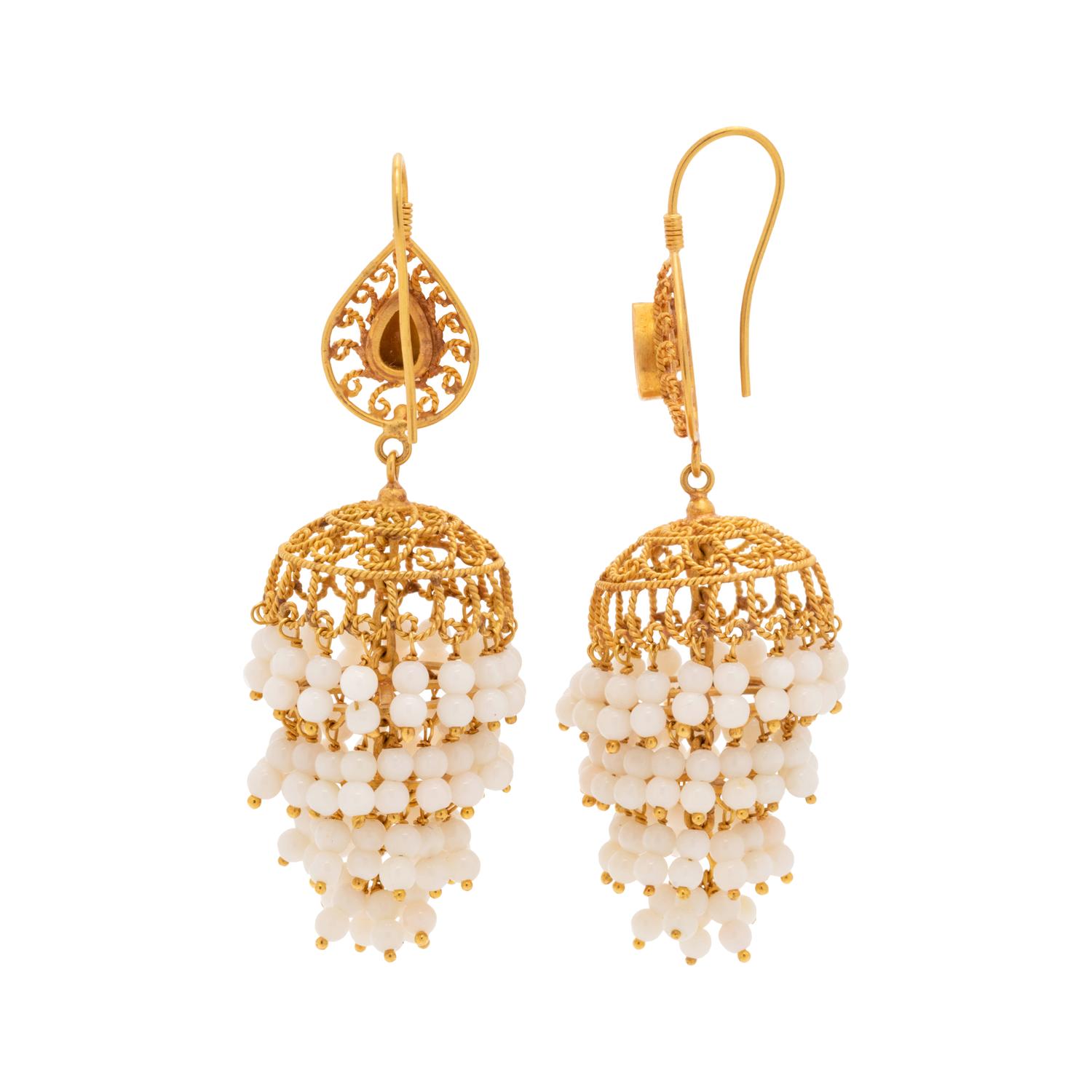 YELLOW GOLD AND CITRINE AND WHITE HARDSTONE BEAD EARRINGS