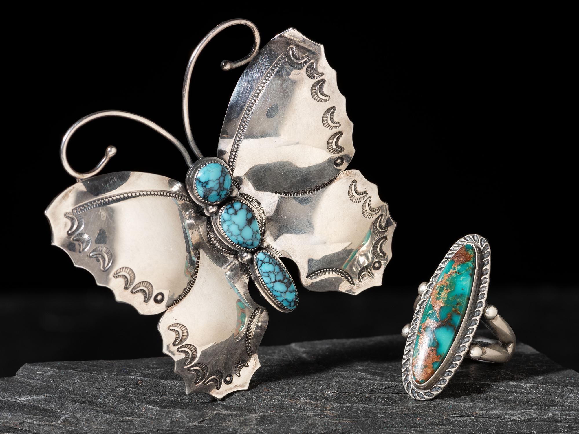 Silver and Turquoise Butterfly Pin / Brooch and Ring
