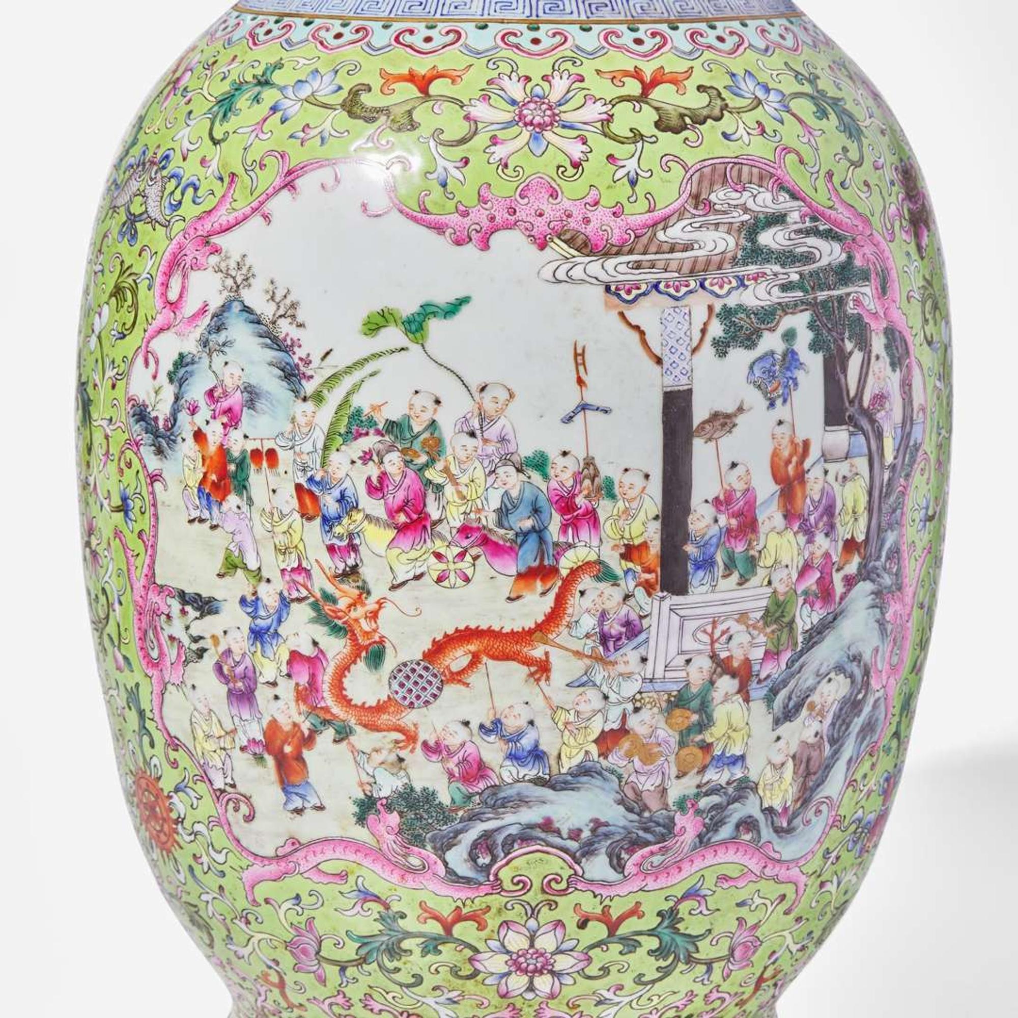 A large Chinese famille rose-decorated "Boys" Vase 粉彩嬰戲圖開光雙耳大瓶 Jiaqing mark ???