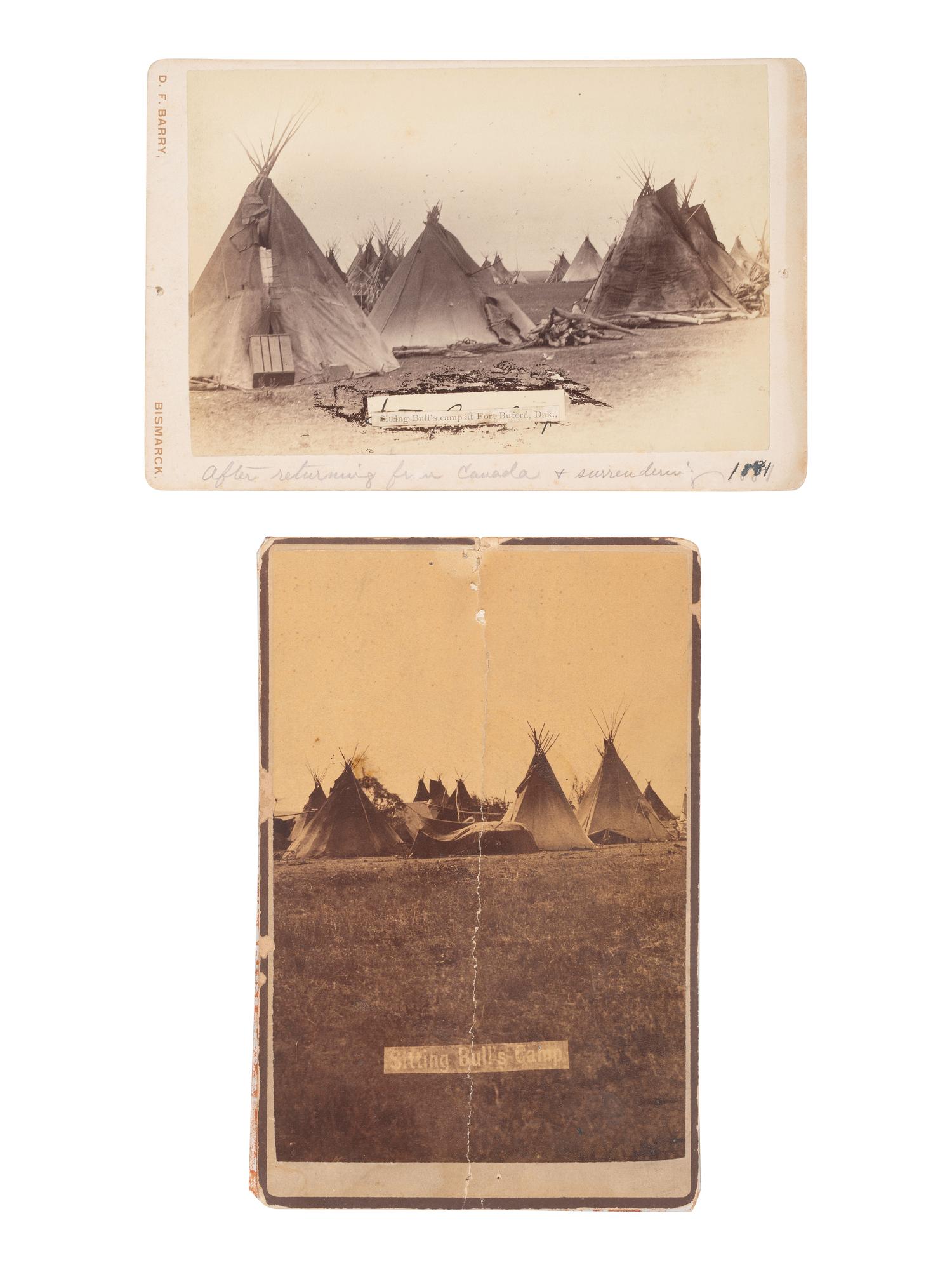 BARRY, David F. (1854-1934), photographer. Two cabinet cards of Sitting Bull's camp. Bismarck, Dakota Territory, 1880s.