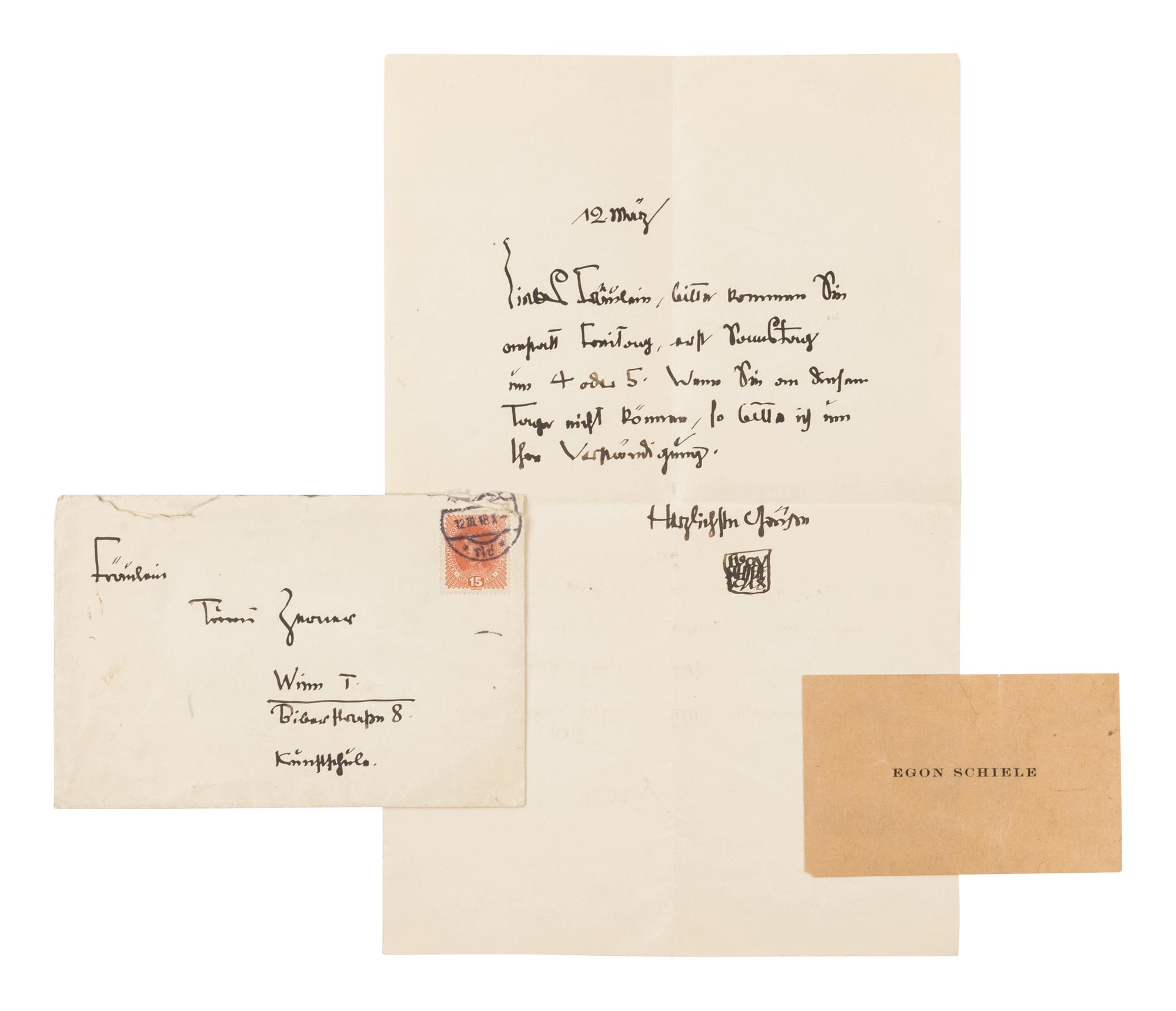 [KAUFMAN, Enit Zerner (1897-1961)] –SCHIELE, Egon (1890-1918). Autograph letter signed ("Egon Schiele" in a paraph), to Enit Kaufman ("Fraulein Ernestine Zerner"). Vienna, 12 March 1918.