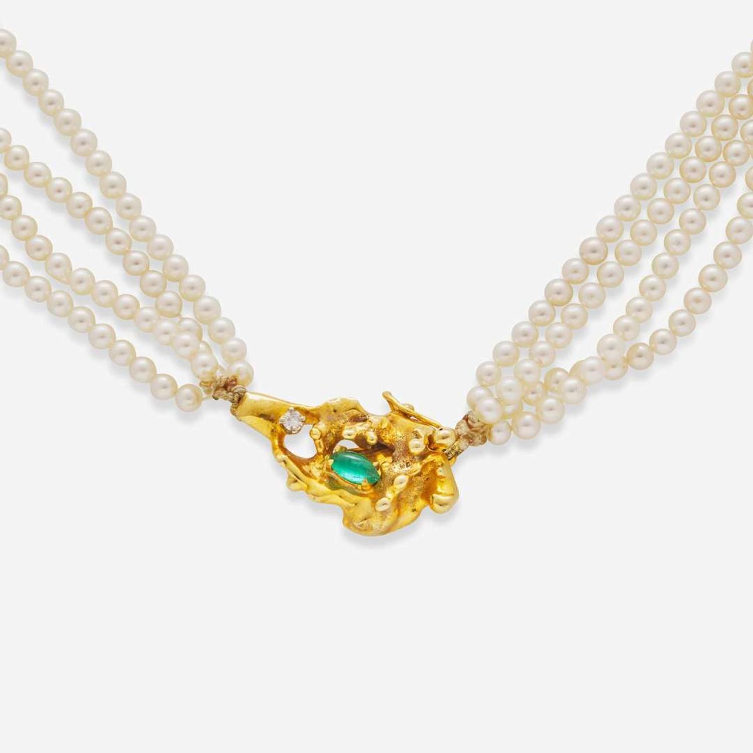 Pearl Torsade with Gold and Emerald Clasp