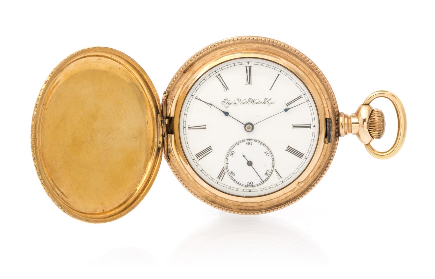 A 14 Karat Yellow Gold Hunter Case Pocket Watch, Elgin, 69.60 dwts.