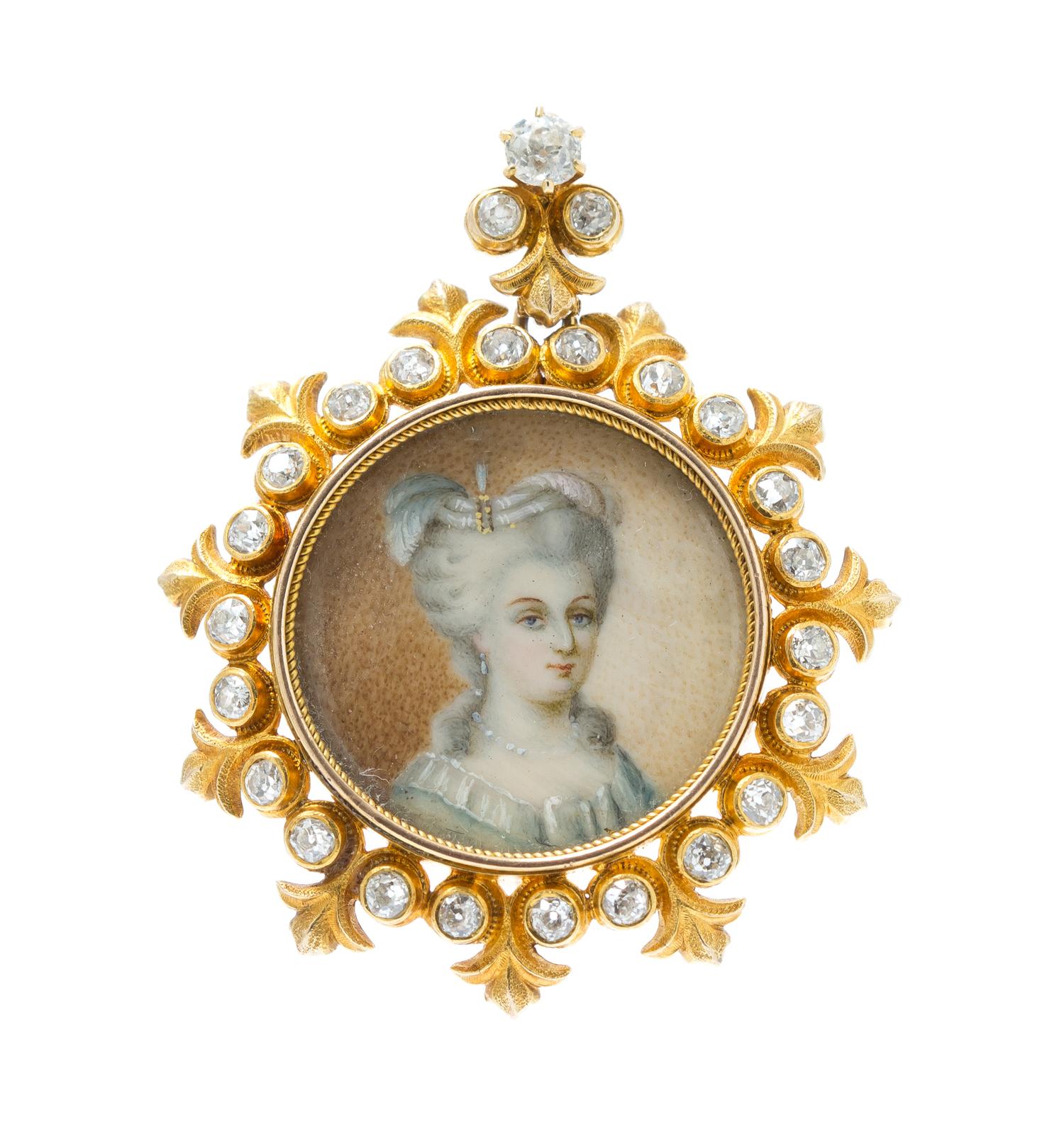 An Antique Yellow Gold, Diamond and Portrait Miniature Pendant/Brooch, 6.20 dwts.