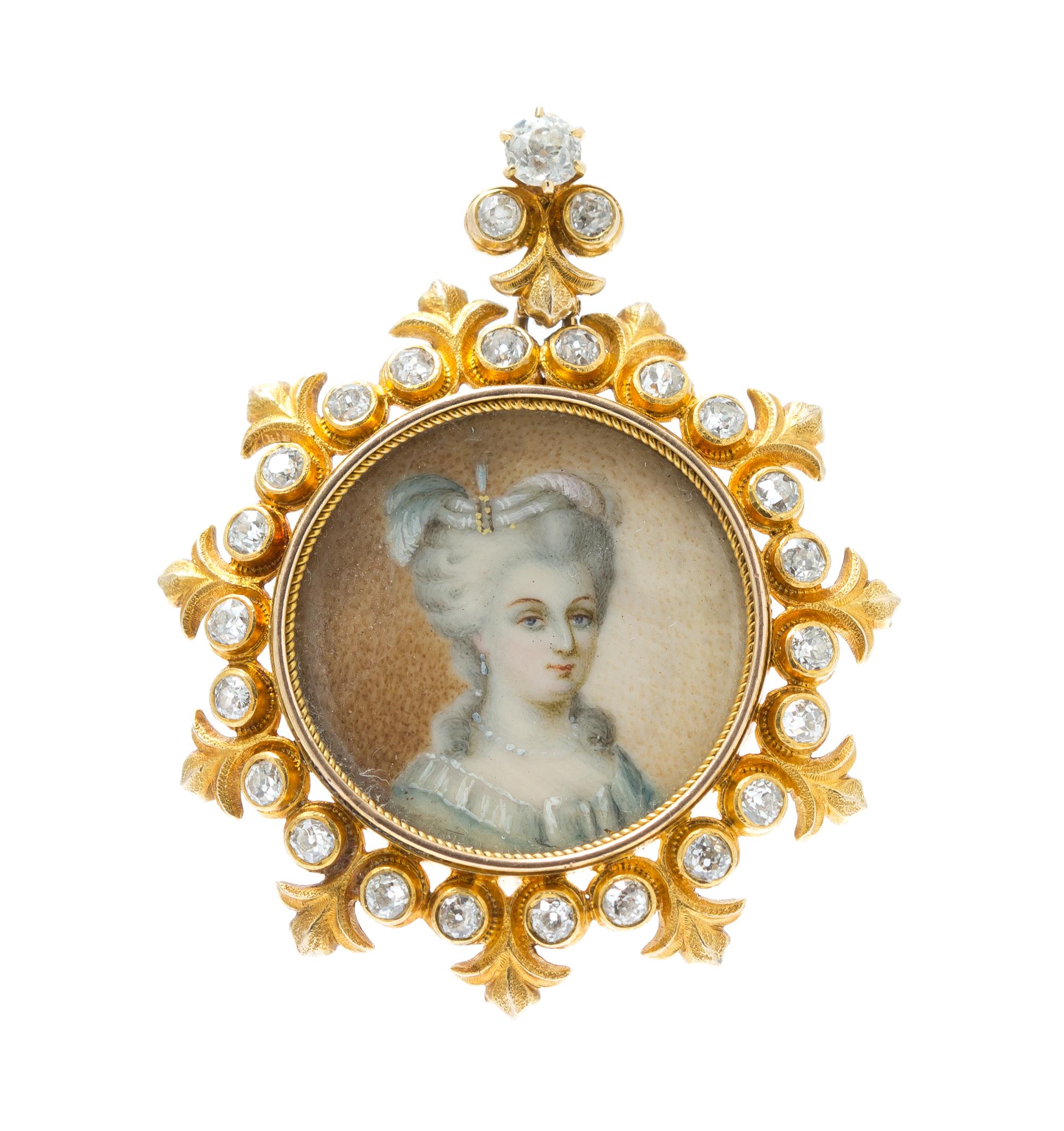 An Antique Yellow Gold, Diamond and Portrait Miniature Pendant/Brooch, 6.20 dwts.