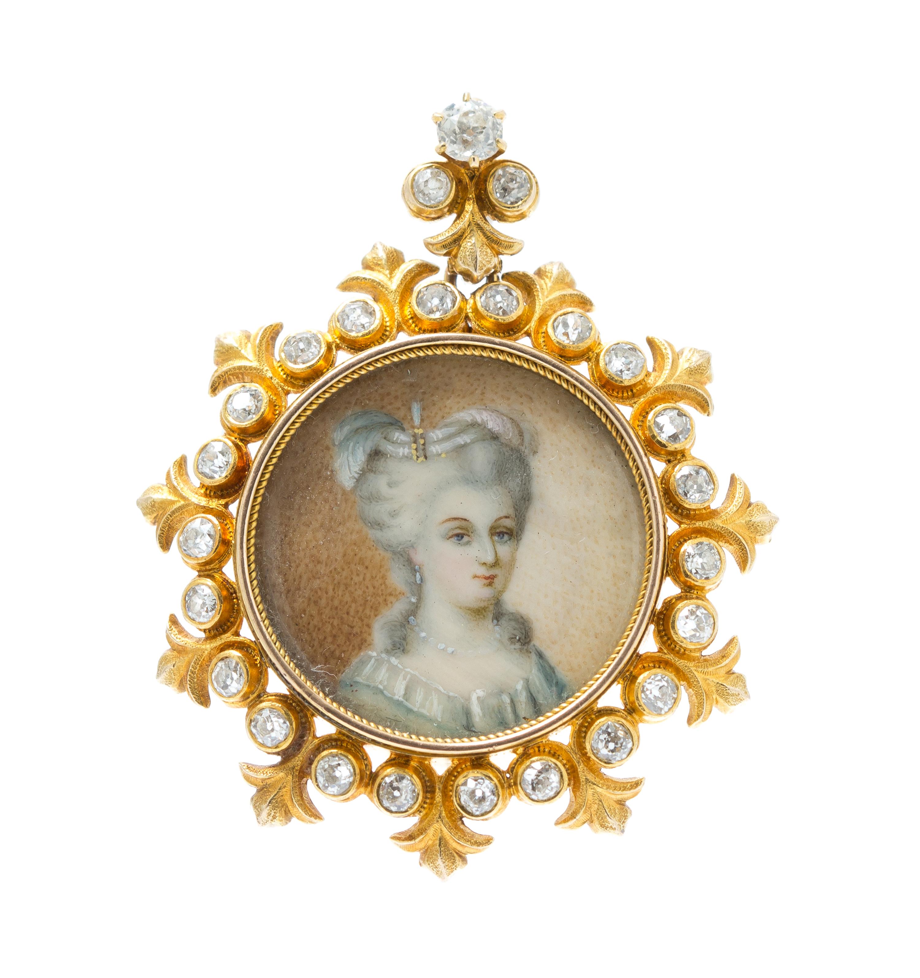 An Antique Yellow Gold, Diamond and Portrait Miniature Pendant/Brooch, 6.20 dwts.