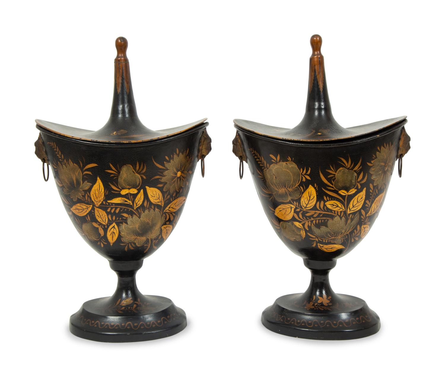 A Pair of Regency Style Black and Gilt Decorated Tole Covered Urns