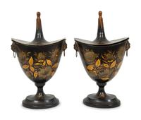 A Pair of Regency Style Black and Gilt Decorated Tole Covered Urns