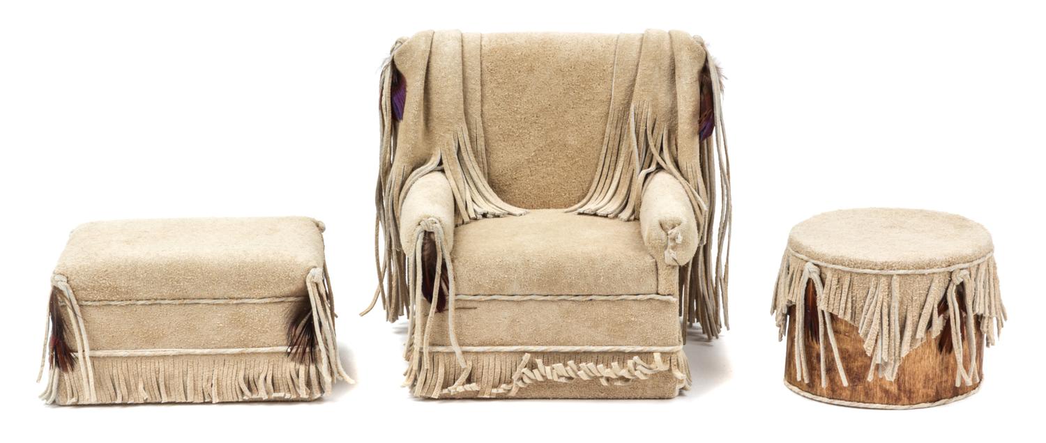 Three Hide-Covered Furniture Articles Height of armchair 3 1/4 inches.